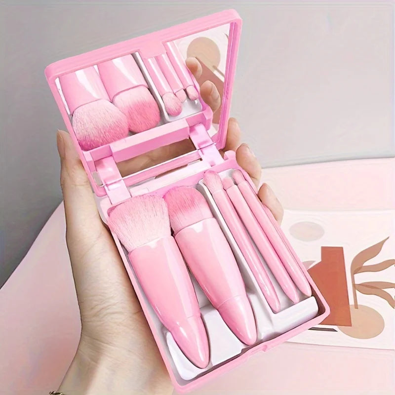 5Pcs Portable Makeup Brush Set With Mirror -  Foldable Travel Kit
