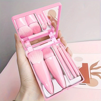 5Pcs Portable Makeup Brush Set With Mirror -  Foldable Travel Kit