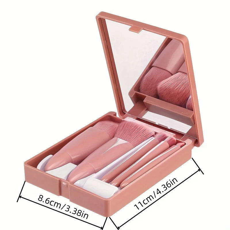 5Pcs Portable Makeup Brush Set With Mirror -  Foldable Travel Kit