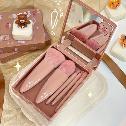 5Pcs Portable Makeup Brush Set With Mirror -  Foldable Travel Kit