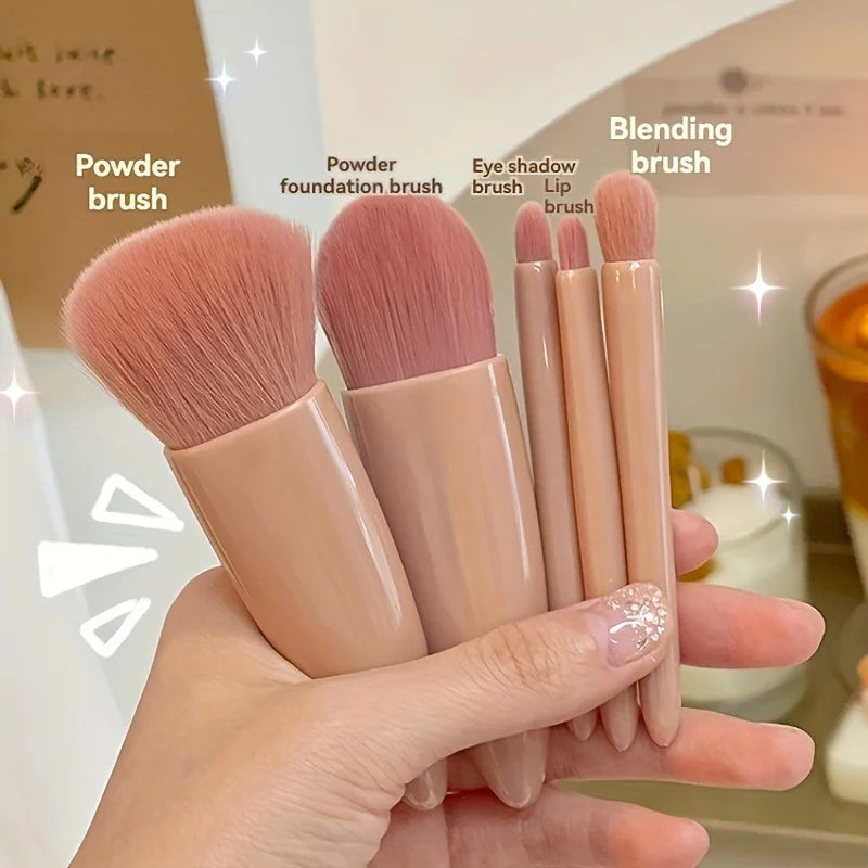5Pcs Portable Makeup Brush Set With Mirror -  Foldable Travel Kit