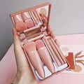 5Pcs Portable Makeup Brush Set With Mirror -  Foldable Travel Kit